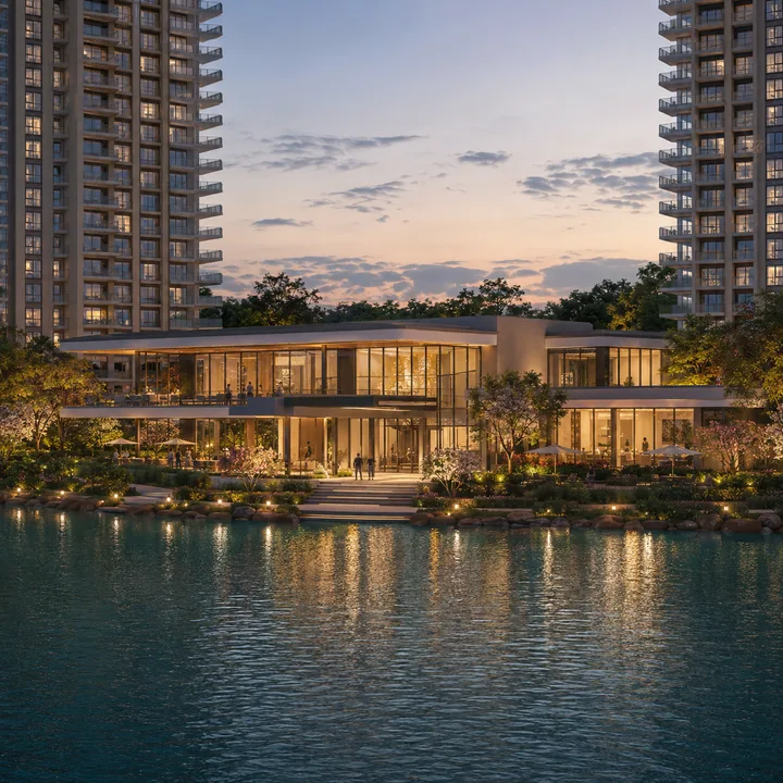 Assetz Twin Lake City 70,000 sq ft lakefront clubhouse glowing at dusk
