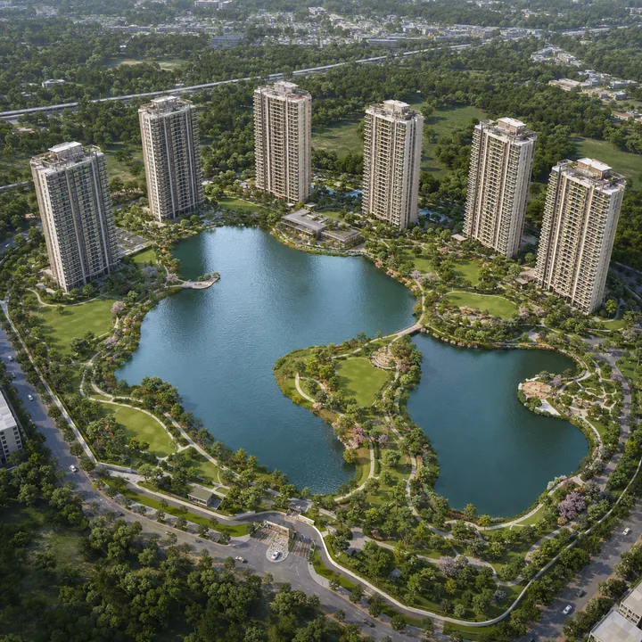 Assetz Twin Lake City landscaped waterfront green spaces and lawns around the twin lakes
