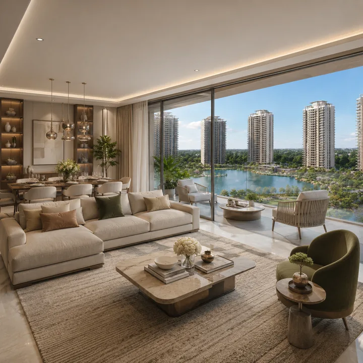 Assetz Twin Lake City large-format 3 BHK living-dining interior with lake-facing frontage