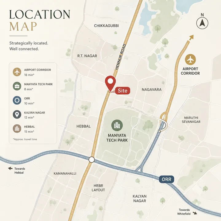 Assetz Twin Lake City location map - Hennur Road near Manyata Tech Park, ORR and Airport Corridor